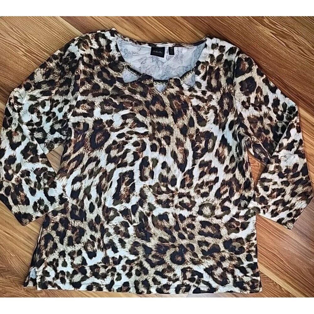 Leopard Cheetah Print Shirt Womens Size‎ Large Rafaella Gold Chain Ribbon Jersey